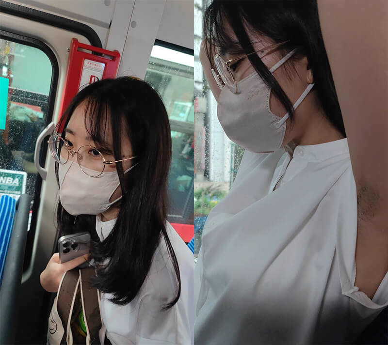 【腋毛超接写】眼鏡美女の袖から覗くジョリ腋とさらにその奥を超接写